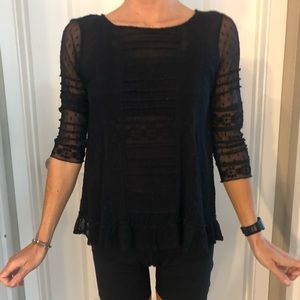 Free People Black Lace 3/4 Sleeve Top